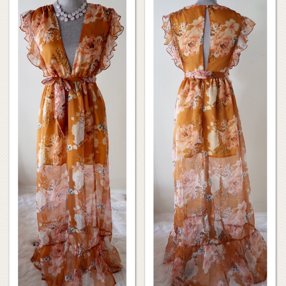 MELINDA- Whimsical Floral Dress in Mustard/Orange - Picture 5 of 5
